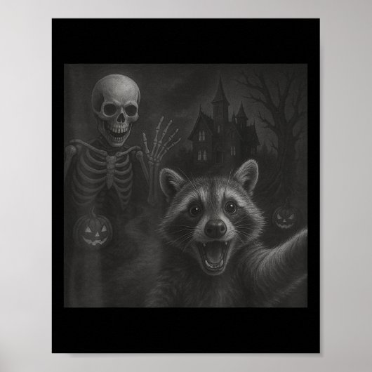 ハロウィンのアライグマのスケルトンセルフィー おもしろグッズ ポスター (正面)