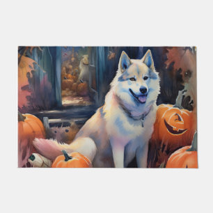 ハロウィンのアラスカンマラミュートとカボチャの怖いデザイン ドアマット