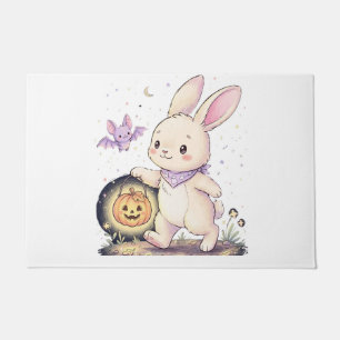 ハロウィンのウサギとカボチャのランタンとコウモリ ドアマット