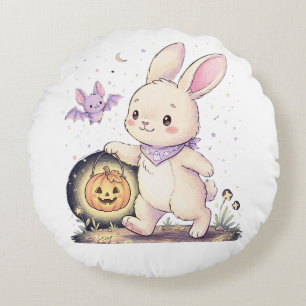ハロウィンのウサギとカボチャのランタンとコウモリ ラウンドクッション