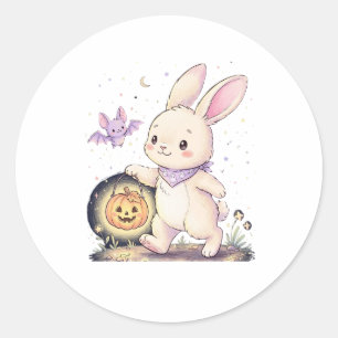 ハロウィンのウサギとカボチャのランタンとコウモリ ラウンドシール