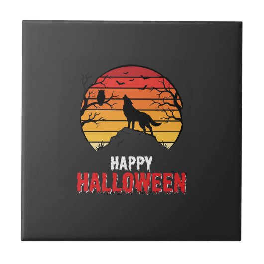ハロウィンのオオカミの夕日ベクター タイル (正面)