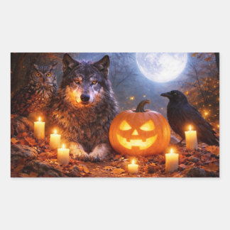 ハロウィンのオオカミフクロウとワタリガラスのかぼちゃ 魔法の世界 長方形シール