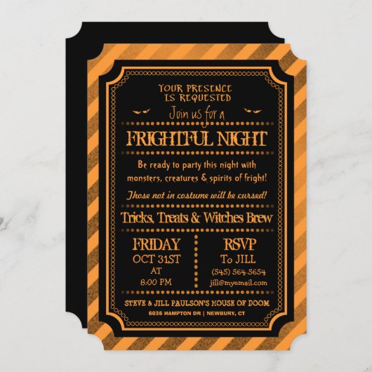 ハロウィンのオレンジ及び黒く不気味で恐ろしい夜 招待状 (正面/裏面)