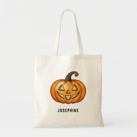 ハロウィンのオレンジ色のキャラクターのかぼちゃに名前入り トートバッグ (正面)