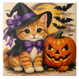 ハロウィンのオレンジ色の子猫とかぼちゃ タイル