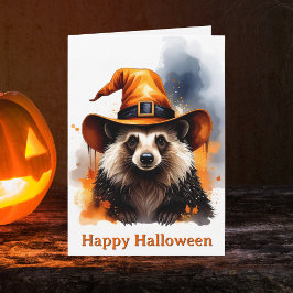 ハロウィンのオレンジ色の魔法使いの帽子をかぶった奇想天外なハリネズミ カード