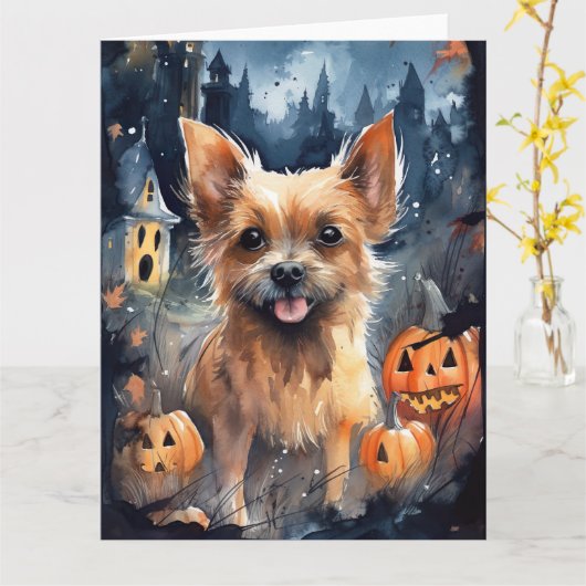 ハロウィンのオーストラリアン・テリアとカボチャの怖いデザイン カード (黄色い花)
