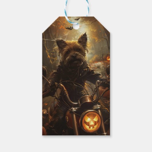 ハロウィンのオーストラリアン・テリアのバイク乗り  ギフトタグ (正面)