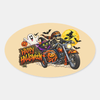 ハロウィンのオートバイスケルトンバイカー 楕円形シール