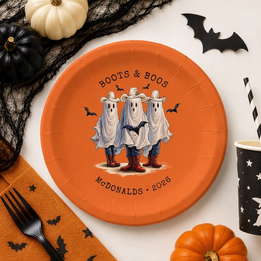 ハロウィンのカウボーイの幽霊 名前入れ ペーパープレート