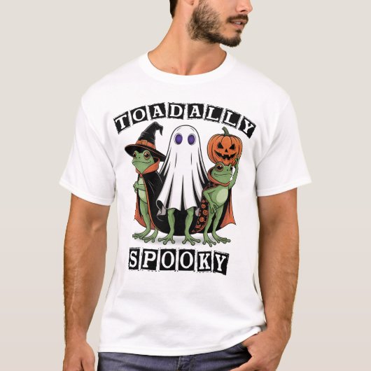 ハロウィンのカエル3体組: オバケとカボチャのスリラー Tシャツ (正面)