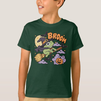ハロウィンのカエル 魔法使いの箒 パンプキン コウモリ Tシャツ