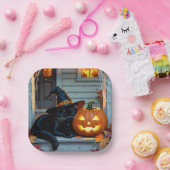 ハロウィンのカボチャで昼寝する黒猫  ペーパープレート (パーティー)