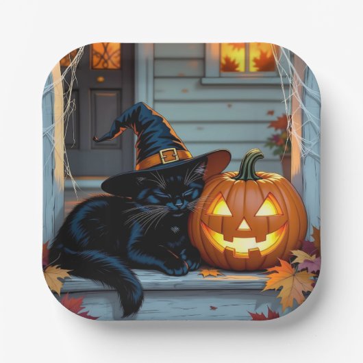ハロウィンのカボチャで昼寝する黒猫  ペーパープレート (正面)