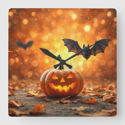ハロウィンのカボチャとコウモリ スクエア壁時計 (正面)