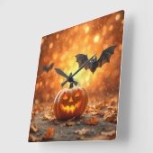 ハロウィンのカボチャとコウモリ スクエア壁時計 (傾斜)