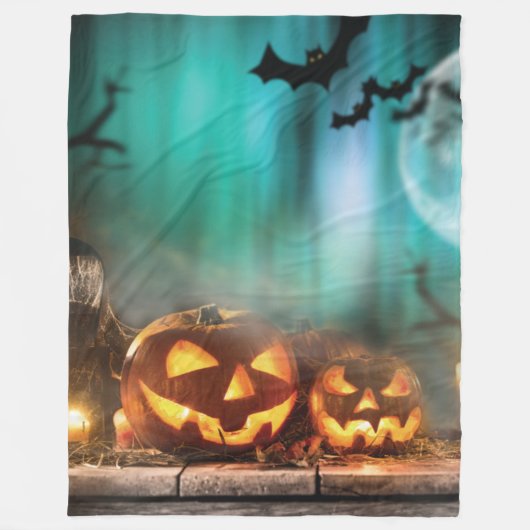 ハロウィンのカボチャとコウモリ フリースブランケット (正面)