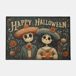ハロウィンのカボチャとソンブレロのスカルカップル ドアマット