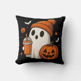ハロウィンのカボチャとドリンクを持つかわいいお化け クッション