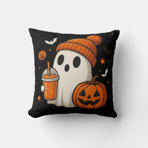 ハロウィンのカボチャとドリンクを持つかわいいお化け クッション