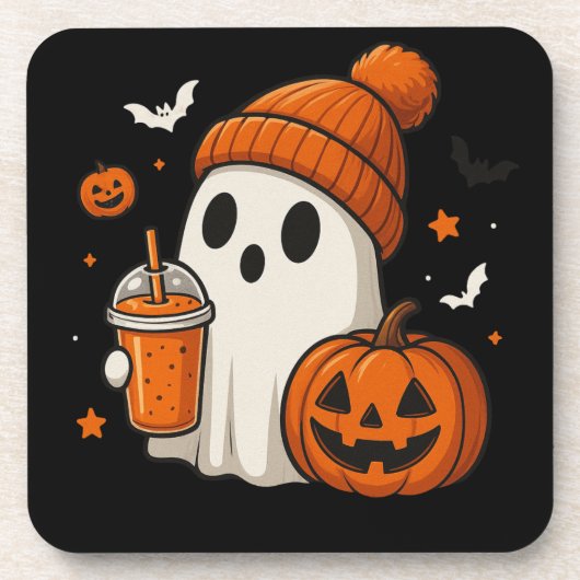 ハロウィンのカボチャとドリンクを持つかわいいお化け コースター (正面)