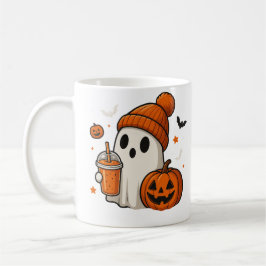 ハロウィンのカボチャとドリンクを持つかわいいお化け コーヒーマグカップ
