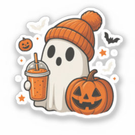 ハロウィンのカボチャとドリンクを持つかわいいお化け シール