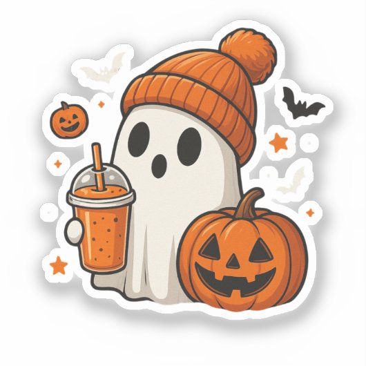 ハロウィンのカボチャとドリンクを持つかわいいお化け シール (正面)