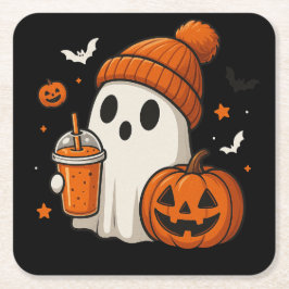 ハロウィンのカボチャとドリンクを持つかわいいお化け スクエアペーパーコースター