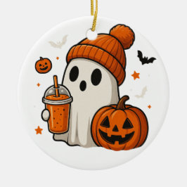 ハロウィンのカボチャとドリンクを持つかわいいお化け セラミックオーナメント