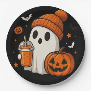 ハロウィンのカボチャとドリンクを持つかわいいお化け ペーパープレート