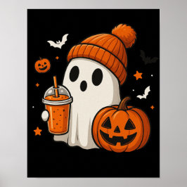 ハロウィンのカボチャとドリンクを持つかわいいお化け ポスター