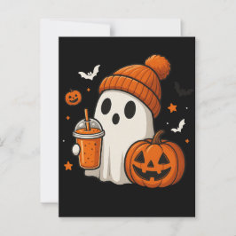 ハロウィンのカボチャとドリンクを持つかわいいお化け ポストカード