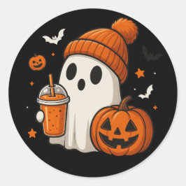 ハロウィンのカボチャとドリンクを持つかわいいお化け ラウンドシール
