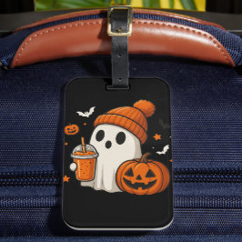 ハロウィンのカボチャとドリンクを持つかわいいお化け ラゲッジタグ