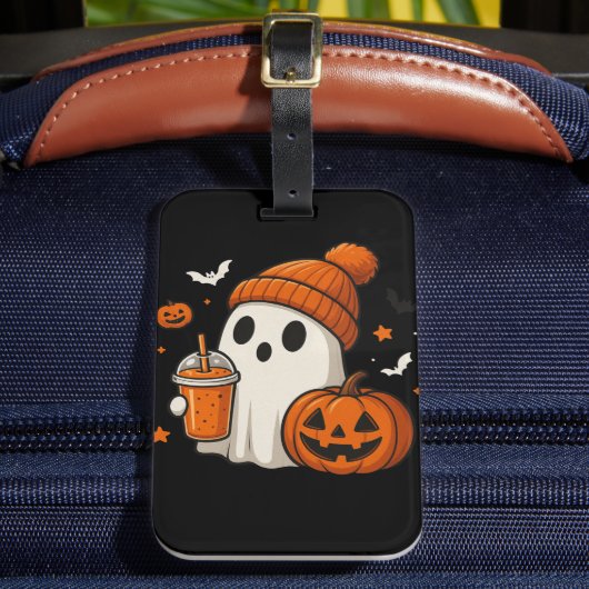 ハロウィンのカボチャとドリンクを持つかわいいお化け ラゲッジタグ (正面インサイチュ2)