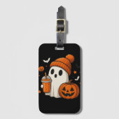 ハロウィンのカボチャとドリンクを持つかわいいお化け ラゲッジタグ (正面縦)