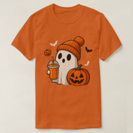 ハロウィンのカボチャとドリンクを持つかわいいお化け Tシャツ