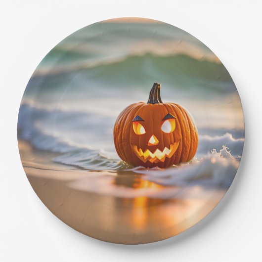 ハロウィンのカボチャとビーチ ペーパープレート (正面)