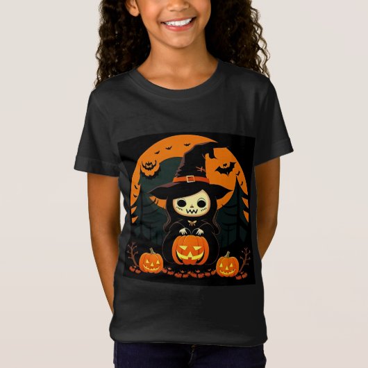 ハロウィンのカボチャと仲良しの漫画の魔女 Tシャツ (正面)