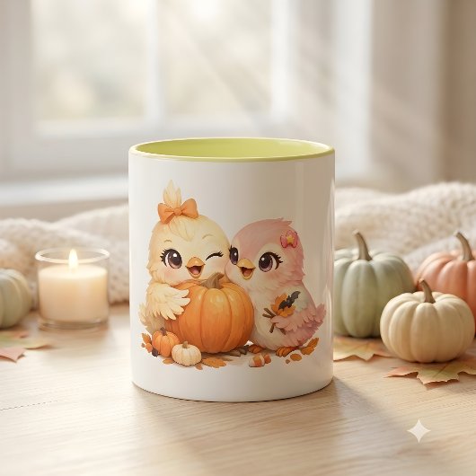ハロウィンのカボチャと仲良し鳥のデュオ マグカップ