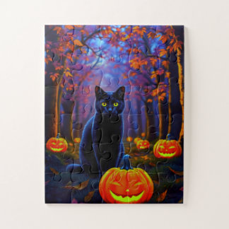 ハロウィンのカボチャと可愛い黒猫 ジグソーパズル