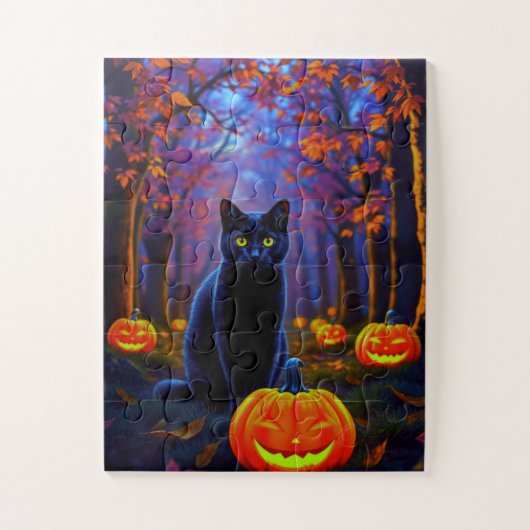 ハロウィンのカボチャと可愛い黒猫 ジグソーパズル (縦)
