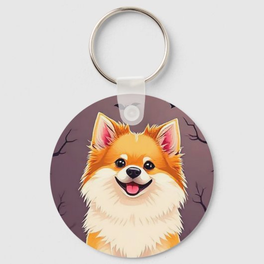 ハロウィンのカボチャと戯れる犬 キーホルダー (正面)