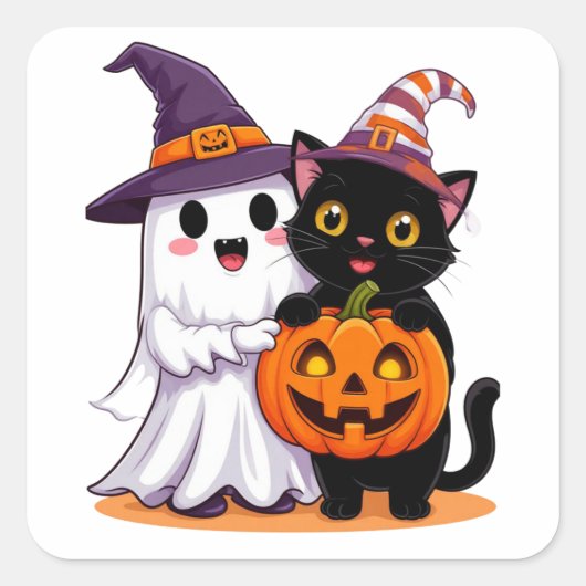 ハロウィンのカボチャと猫の幽霊 👻 スクエアシール (正面)