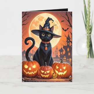 ハロウィンのカボチャと猫の折りたたみカード シーズンカード