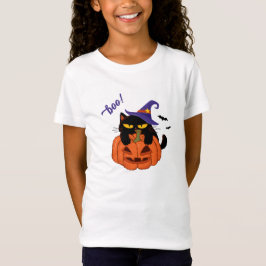 ハロウィンのカボチャと魔女の帽子をかぶった黒猫 Tシャツ