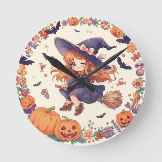 ハロウィンのカボチャと魔女の時計 ラウンド壁時計 (正面)