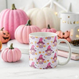 ハロウィンのカボチャと魔女の面白いパターン コーヒーマグカップ